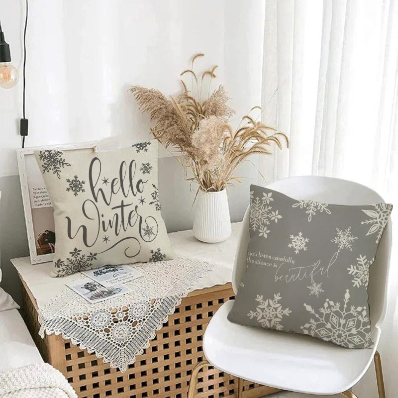 Fjfz Hello Winter Grey White Decorative Throw Pillow Cover 18x18 Set of 4  Baby It's Cozy Inside Christmas Snowflake Home Decorations  Pine Tree Holiday Reindeer Farmhouse Cushion Case Decor for Couch - Image 5